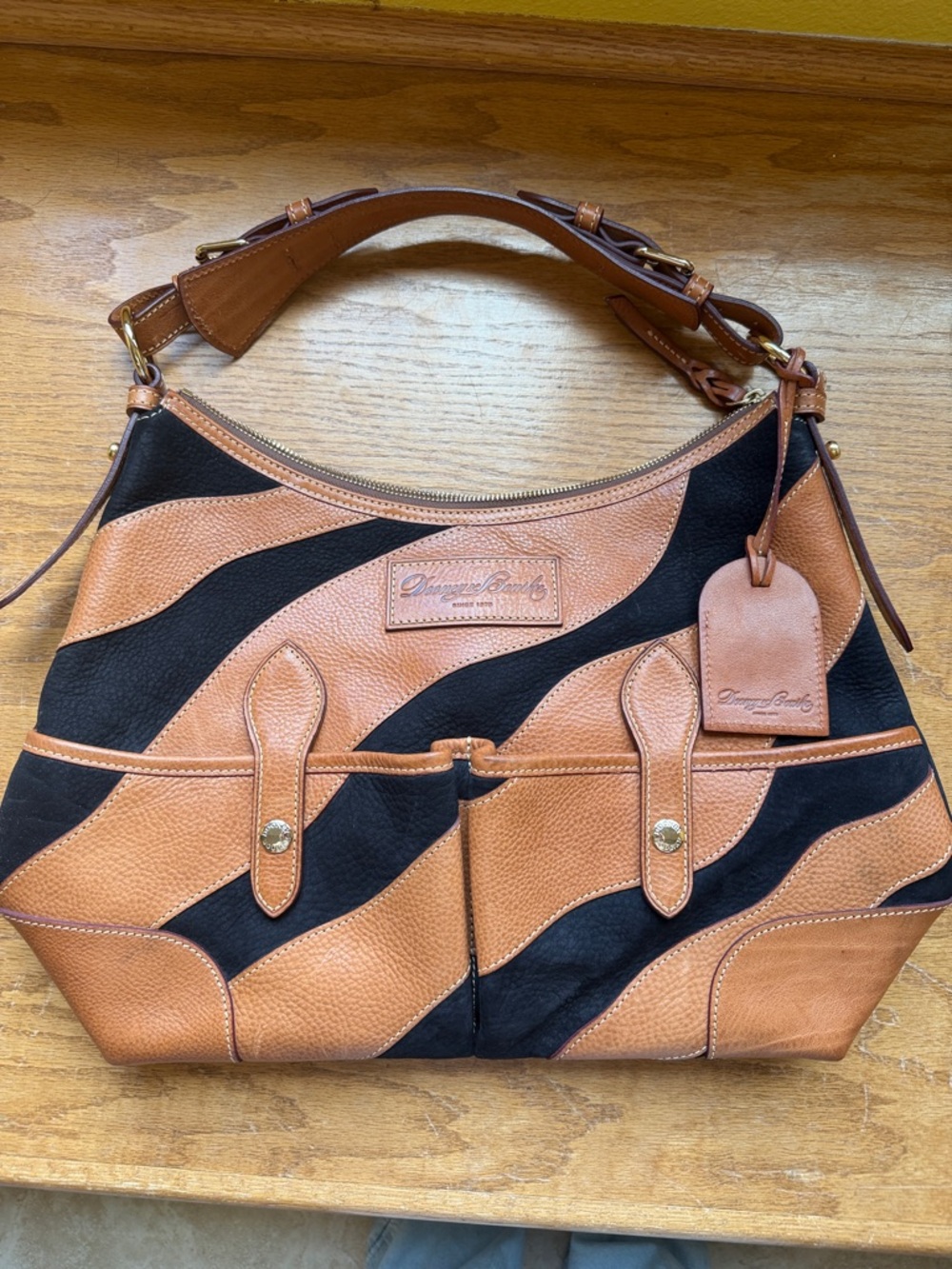 Dooney & Bourke Tan and Black Leather Wave-Pattern Shoulder Bag